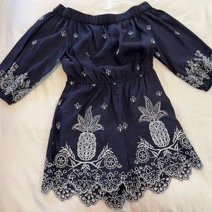 Anthropologie FARM Rio navy dress white embroidery